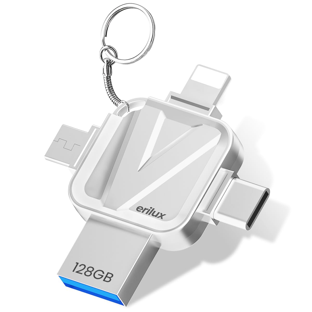 Verilux Pendrive 128GB 4 in 1 Flash Drive with Light-ning, Micro USB, USB A, Type-C Interface - High Speed Mini Hangable Pen Drive for iOS & Android, 128GB Storage Capacity - Premium Metal Texture Verilux Pendrive 128GB 4 in 1 Flash Drive with Light-ning, Micro USB, USB A, Type-C Interface - High Speed Mini Hangable Pen Drive for iOS & Android, 128GB Storage Capacity - Premium Metal Texture